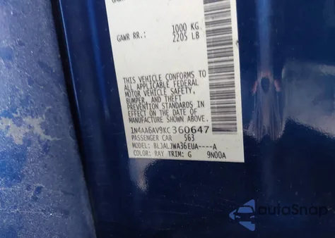 2019 Nissan Maxima S/Sl/Sr/Sv/Platinum z USA, uszkodzony, nr VIN 1N4AA6AV9KC360647